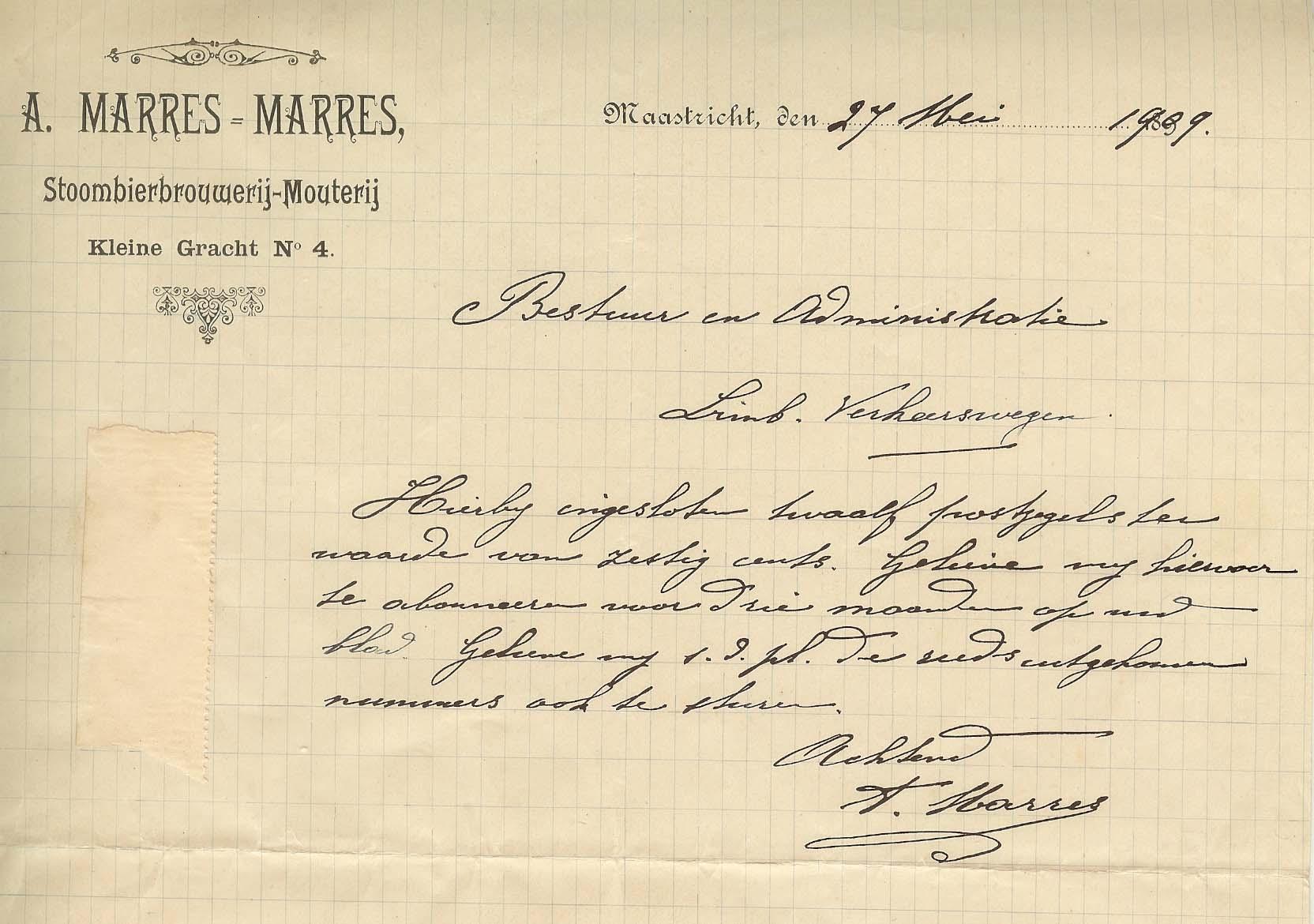 Brief brouwerij Aug. Marres-Marres 27 mei 1909
Foto collectie Wil Lem.
